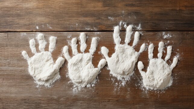 Flour handprints on a wooden surface create a playful and artistic display, showcasing creativity in baking or cooking.