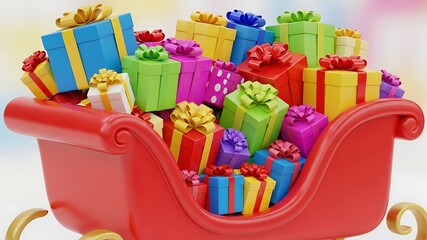 Fototapeta premium Colorful Gift Boxes in a Red Sleigh Celebration Party Décor Holiday Surprise Event Festive Presents Festivity Joyful Gift Giving Winter Celebration Seasonal Decorations Bright Colors Happiness