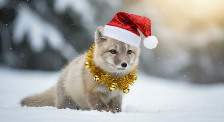 Christmas Festive Animal Wearing Santa Hat and Golden Garland in Snow