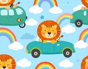 Cute Cartoon Lion Driving Cars Under Rainbows and Clouds Seamless Pattern