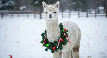 Christmas Adorable Alpaca Poses on Snow with Holiday Decorations