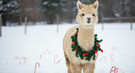 Christmas Cute Alpaca Wears Colorful Garland Among Snow and Peppermints