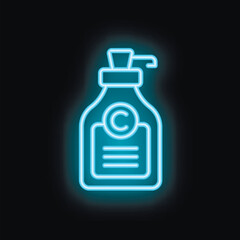 Blue neon icon of a bottle with a pump dispenser and a copyright sign, glowing on a black background