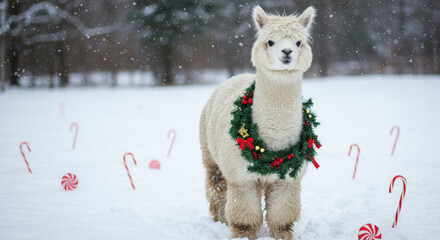 Christmas Cheerful Alpaca Surrounded by Candy Canes in Winter Wonderland