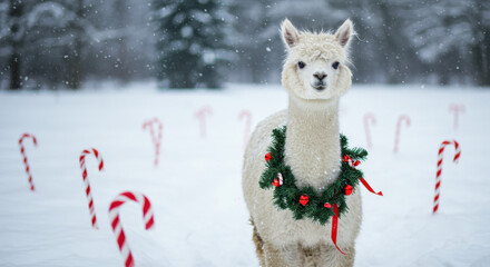 Christmas Festive Alpaca in Holiday Wreath Stands on Snowy Field