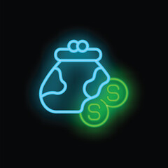 Neon icon of a world money bag shining on a dark background, perfect for illustrating finance concepts