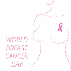 World breast cancer day banner with woman body and text on a white background