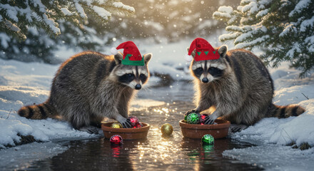 Christmas Adorable Raccoon Elves Play Beside Sparkling Winter Creek