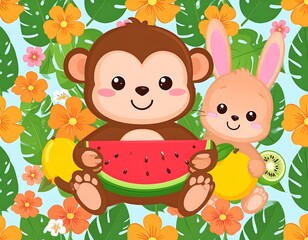 Cute Cartoon Monkey and Rabbit with Watermelon and Fruit in a Floral Setting