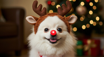 Christmas Festive Pomeranian in Reindeer Costume Amid Holiday Gifts