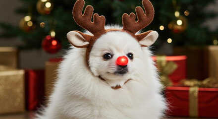 Christmas Fluffy Dog Dressed as Rudolph with Antlers and Red Nose