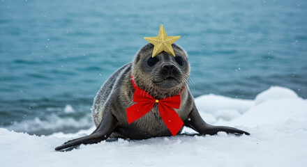 Christmas Cute Seal with Red Ribbon Shines in Frozen Wonderland