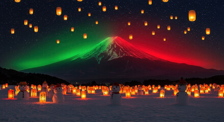 Christmas Lanterns Illuminate Snowy Field with Mt. Fuji in Festive Lights