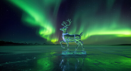 Christmas Reindeer Ice Sculpture Shimmers Under Northern Lights