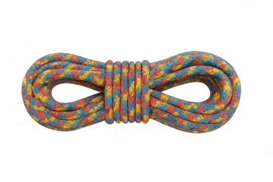 Coiled multicolored climbing rope for mountaineering adventures