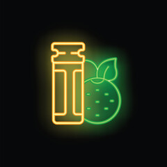 Neon sign of fresh orange juice in glass bottle with green leaf, glowing on dark background