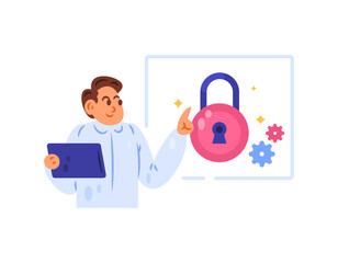 An IT security expert concept, engineer or professional in the field of information technology. Illustration of a man presenting about a security system. Flat design style. White background.