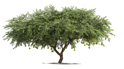 Surreal hybrid tree with acacia canopy and apples on transparent background