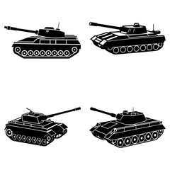 Four black and white tank illustrations showcasing different tank designs in a vector graphic format