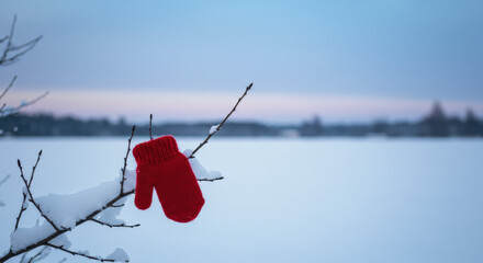 Christmas Tranquil Winter Scene with Lost Mitten on Bare Branch

