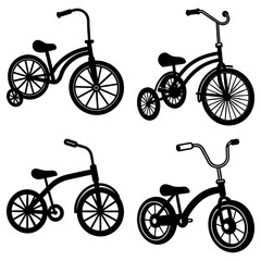 A collection of four different black and white tricycle illustrations in various styles and orientations