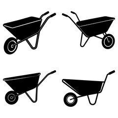 Four black silhouette illustrations of wheelbarrows on a white background in various orientations
