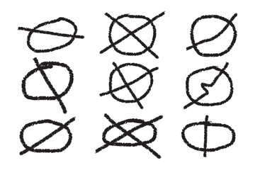 Hand drawn crossed out highlight oval frame set circles lines white background