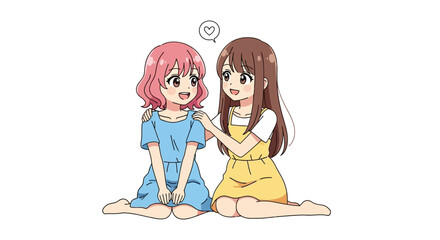 Two cute anime girls sitting together, friendship concept, vector style.