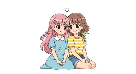 Two cute anime girls sitting together, friendship concept, vector style.