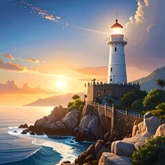 Scenic digital painting of a seaside lighthouse at sunset