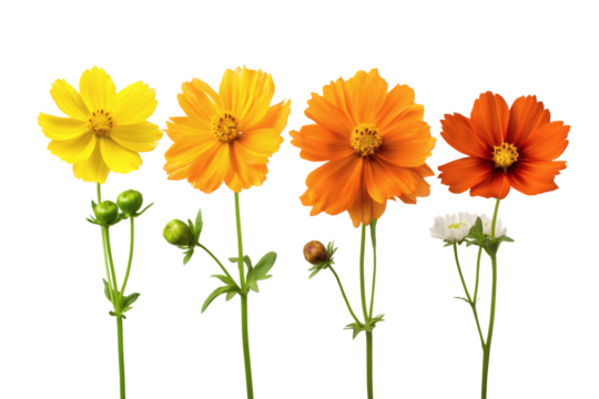 vibrant row of cosmos flowers in a spectrum of warm hues. Isolated on transparent background, png