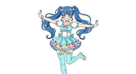 Blue-haired anime idol girl dancing, kawaii expression, flat vector art.