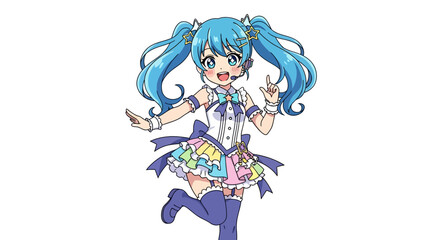 Blue-haired anime idol girl dancing, kawaii expression, flat vector art.