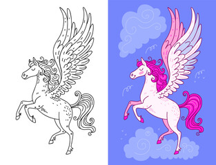 Vector illustrations set of cute cartoon Pegasus. Black and white line art. Adorable magical fantasy horse in pastel colors. Coloring page for kids, children&rsquo;s books, education materials, merchandise