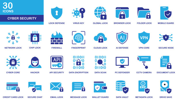 Vibrant cyber security icon set in color style. Featuring shield, lock, VPN, firewall, and hacker icons for technology, data protection, and internet safety design.