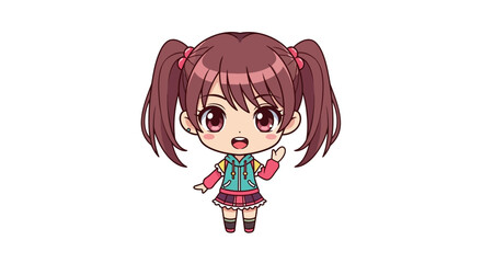 Chibi anime girl with twin ponytails, cheerful pose, colorful outfit, flat design.
