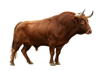Isolated brown horned bull showing muscular build with no background, ranching animal