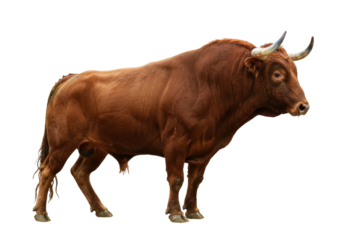 Isolated brown horned bull showing muscular build with no background, ranching animal