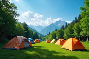 Serene Campsite Lush Forest Glade with Numerous Tents Under a Clear Blue Sky, Perfect for Outdoor Adventure and Relaxation