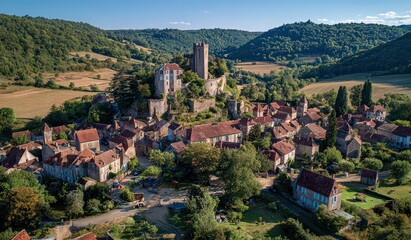 Obraz premium Aerial View of Medieval Village with Stone Buildings and Red Tile Roofs Surrounded by Green Hills and Forest Under Sunlight