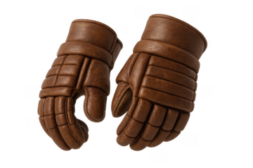 Vintage brown leather ice hockey gloves isolated