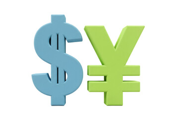 Isolated dollar and yen symbols on clear background indicating currency exchange rates or money