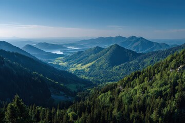 Fototapeta premium Aerial View of Mountain Range and Valley under Blue Sky in Daylight