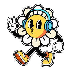 Flower Cartoon Character with Headphones SVG, Fun Music and Nature Mascot