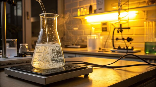 Laboratory setup with erlenmeyer flask and heating element under warm light