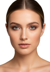 Fototapeta premium Closeup portrait of a beautiful young woman with flawless skin and natural makeup, looking directly at the camera with captivating green eyes, isolated on transparent background