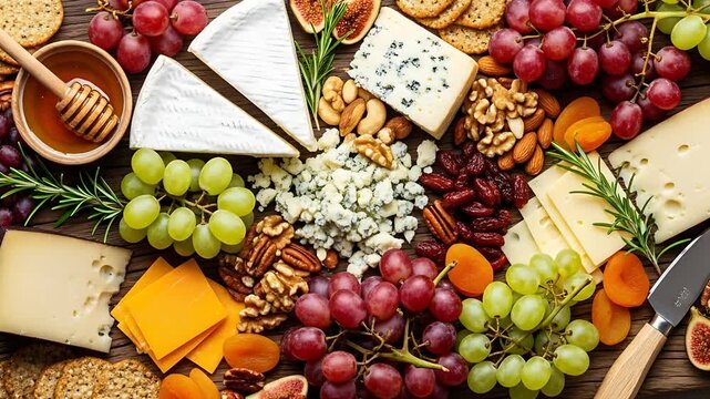 A wooden board overflowing with assorted cheeses nuts grapes dried fruit figs rosemary crackers and honey Perfect for sharing !