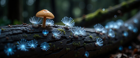 Close-up of glowing mushrooms and mycelium network on tree trunk  