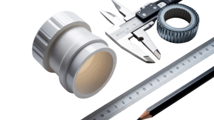 Precision measurement tools and plumbing fitting on black background