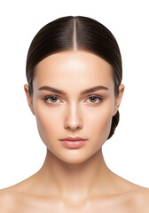 Fototapeta premium Portrait of a beautiful young woman with perfect skin and natural makeup, looking directly at the camera, isolated on transparent background